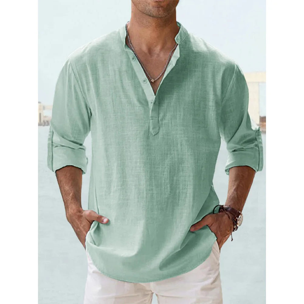 Cotton Linen Shirts for Men Casual Shirts Lightweight Long Sleeve Henley Beach Shirts Hawaiian T Shirts for Men Streetwear