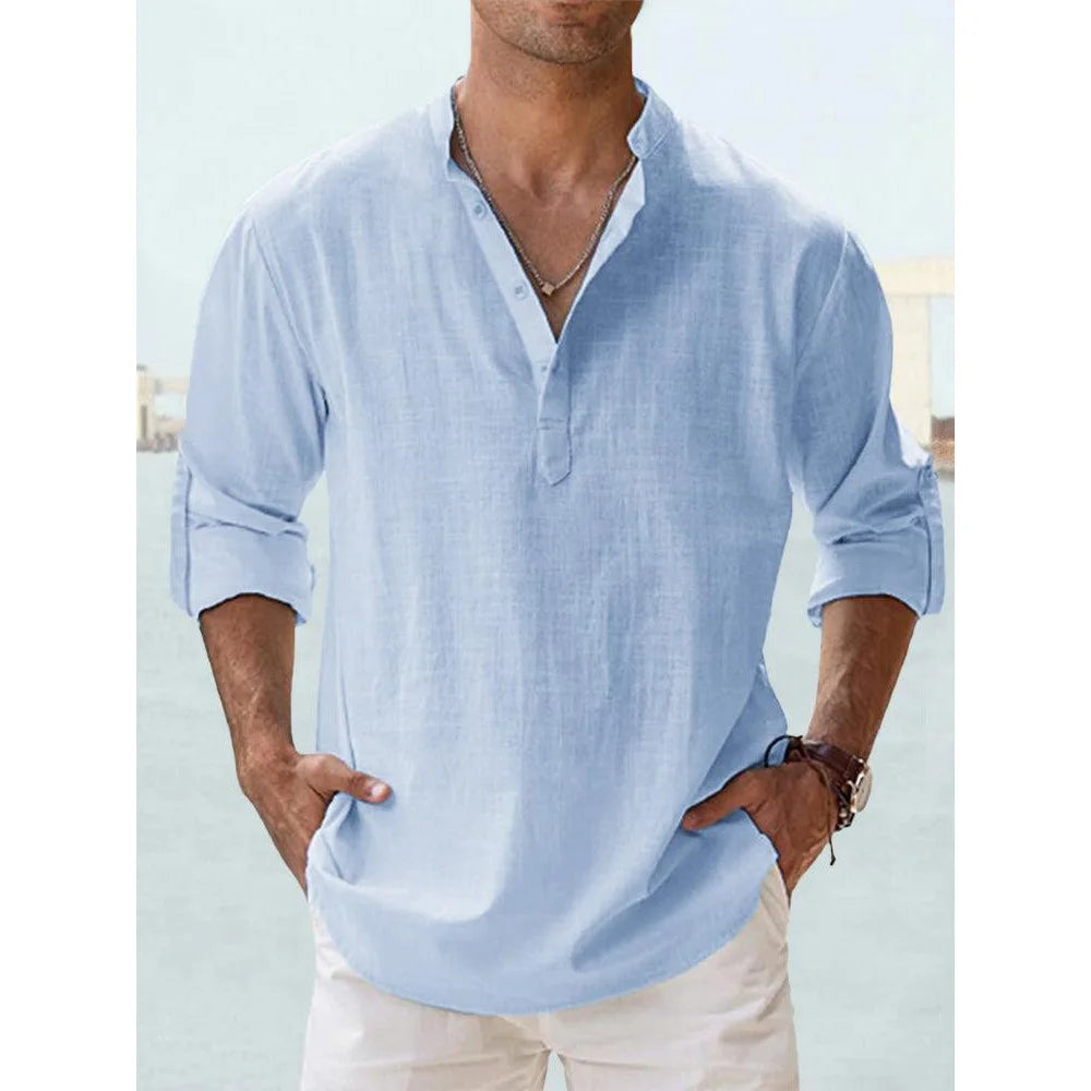 Cotton Linen Shirts for Men Casual Shirts Lightweight Long Sleeve Henley Beach Shirts Hawaiian T Shirts for Men Streetwear