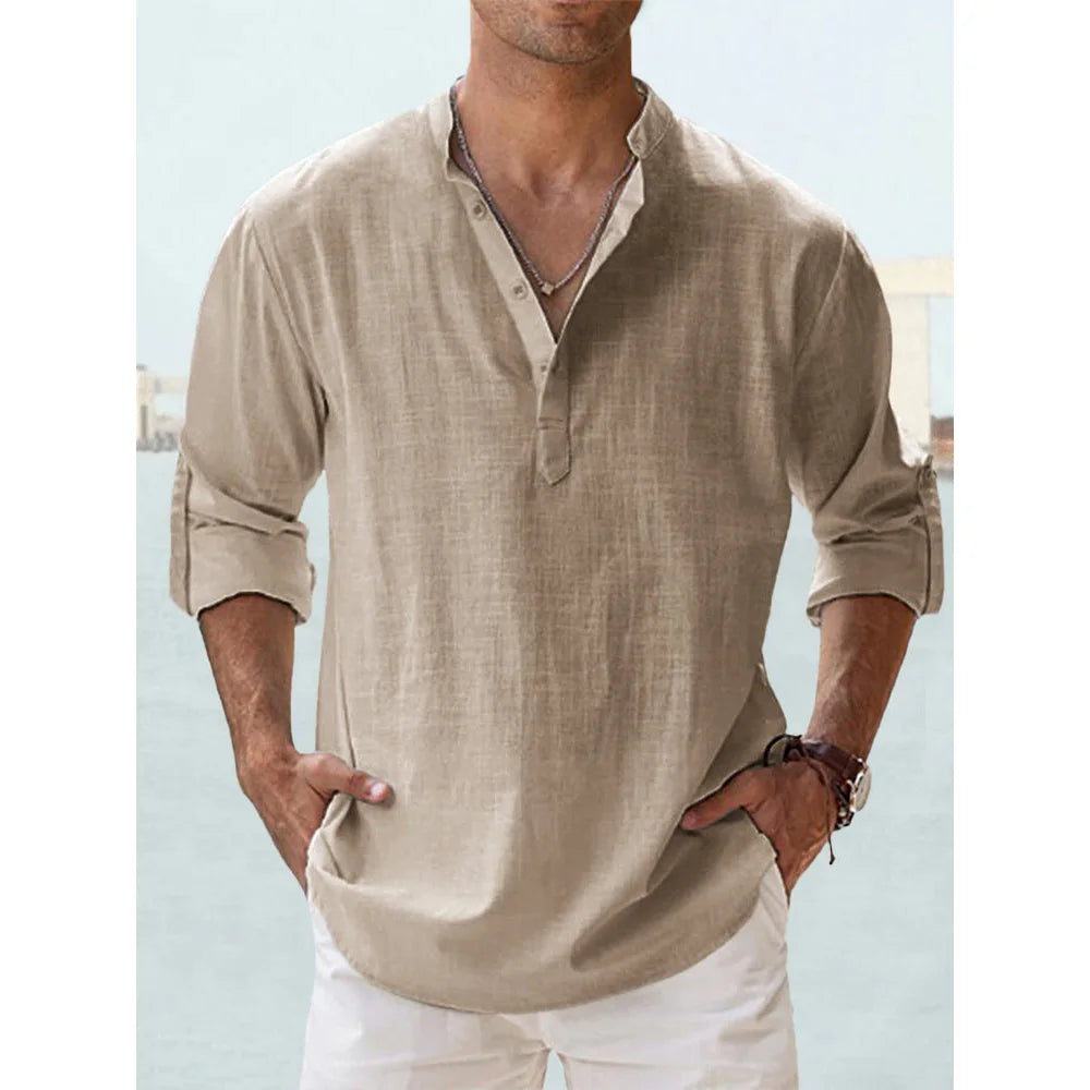 Cotton Linen Shirts for Men Casual Shirts Lightweight Long Sleeve Henley Beach Shirts Hawaiian T Shirts for Men Streetwear