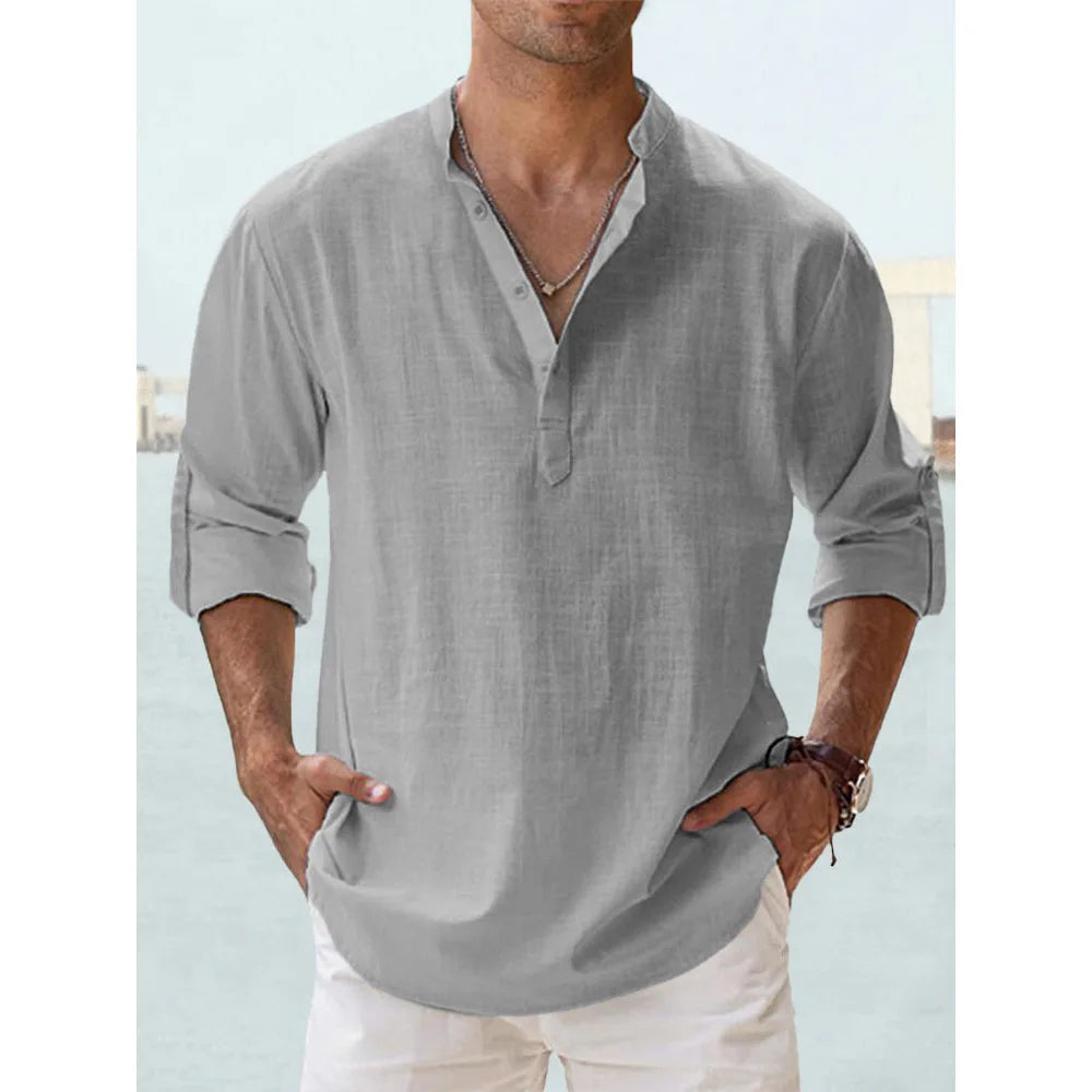 Cotton Linen Shirts for Men Casual Shirts Lightweight Long Sleeve Henley Beach Shirts Hawaiian T Shirts for Men Streetwear