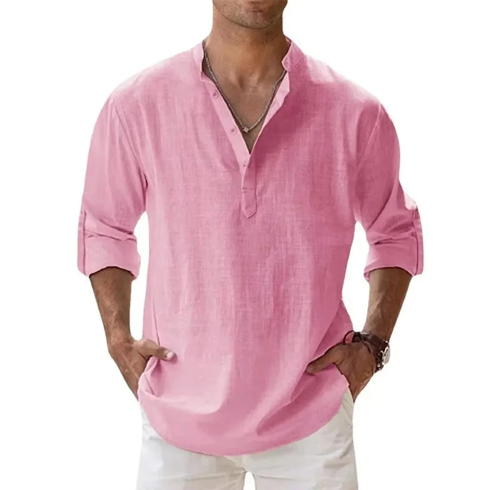 Cotton Linen Shirts for Men Casual Shirts Lightweight Long Sleeve Henley Beach Shirts Hawaiian T Shirts for Men Streetwear