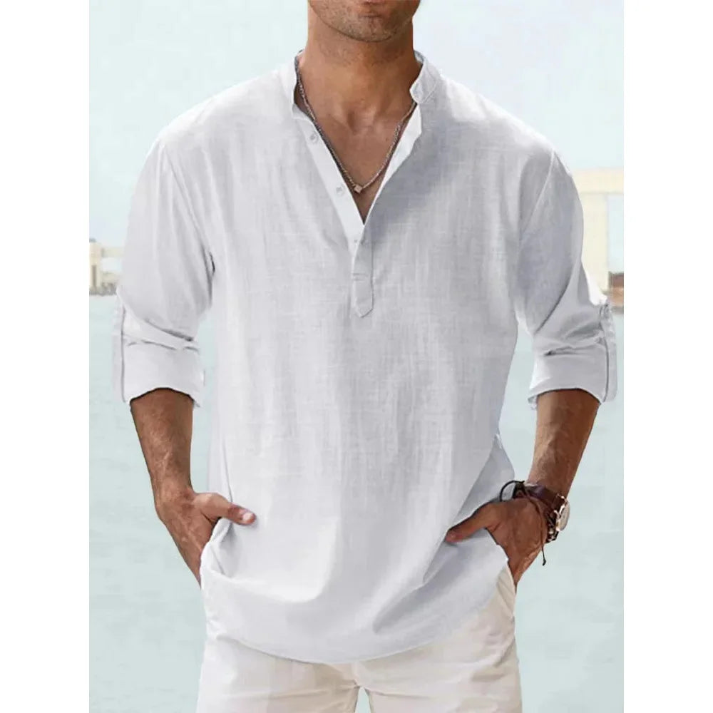 Cotton Linen Shirts for Men Casual Shirts Lightweight Long Sleeve Henley Beach Shirts Hawaiian T Shirts for Men Streetwear