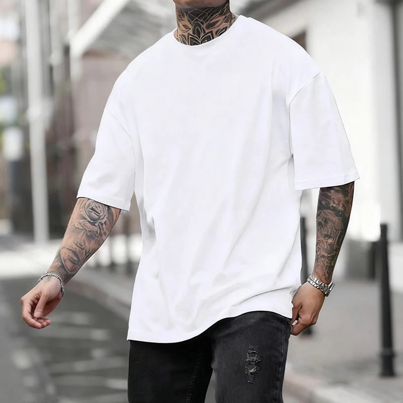 Cotton  Mens T-shirt Solid Color Casual Quality Short Sleeve Outdoor Jogging T-shirt Soft Loose Black White Tees